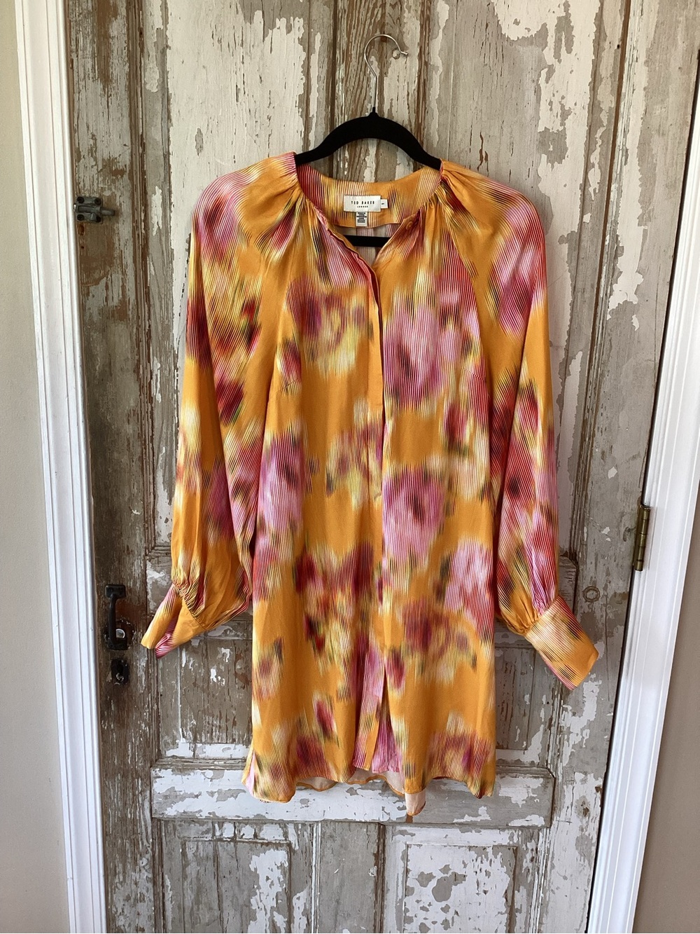 Ted Baker Blurred Floral Long-Sleeve Button Up Dress-Altered from original- 2-4